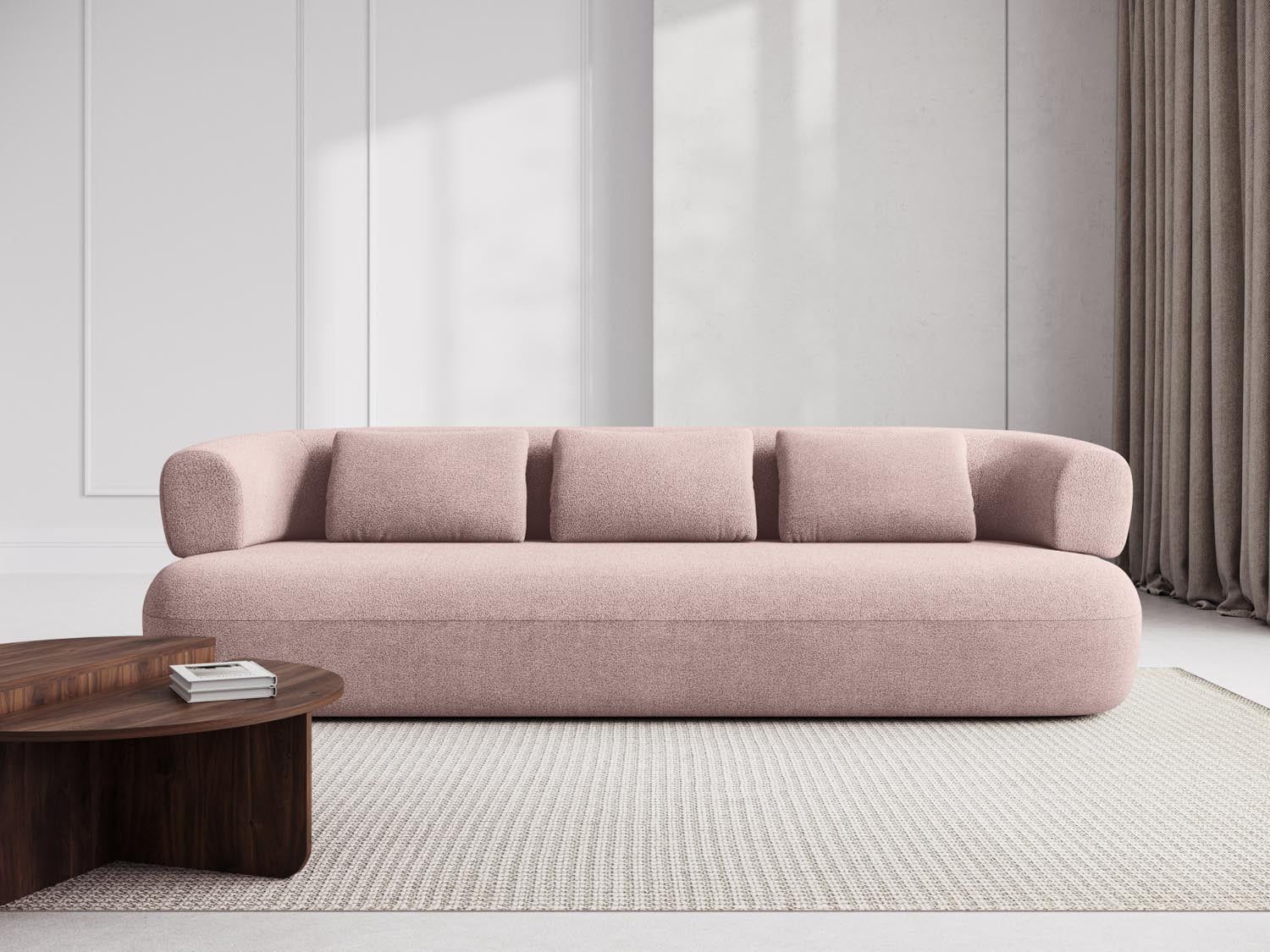Elegantes Jenny Boucle Sofa in sanftem Powder Pink, ideal für stilvolle Wohnräume. 4-Sitzer von Micadoni, perfekt für gesellige Abende.