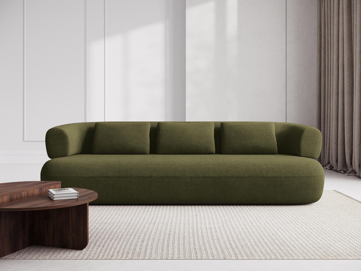 Elegantes Jenny Boucle Sofa für 4 Personen in stilvollem Grün, ideal für moderne Wohnräume und gemütliche Abende.