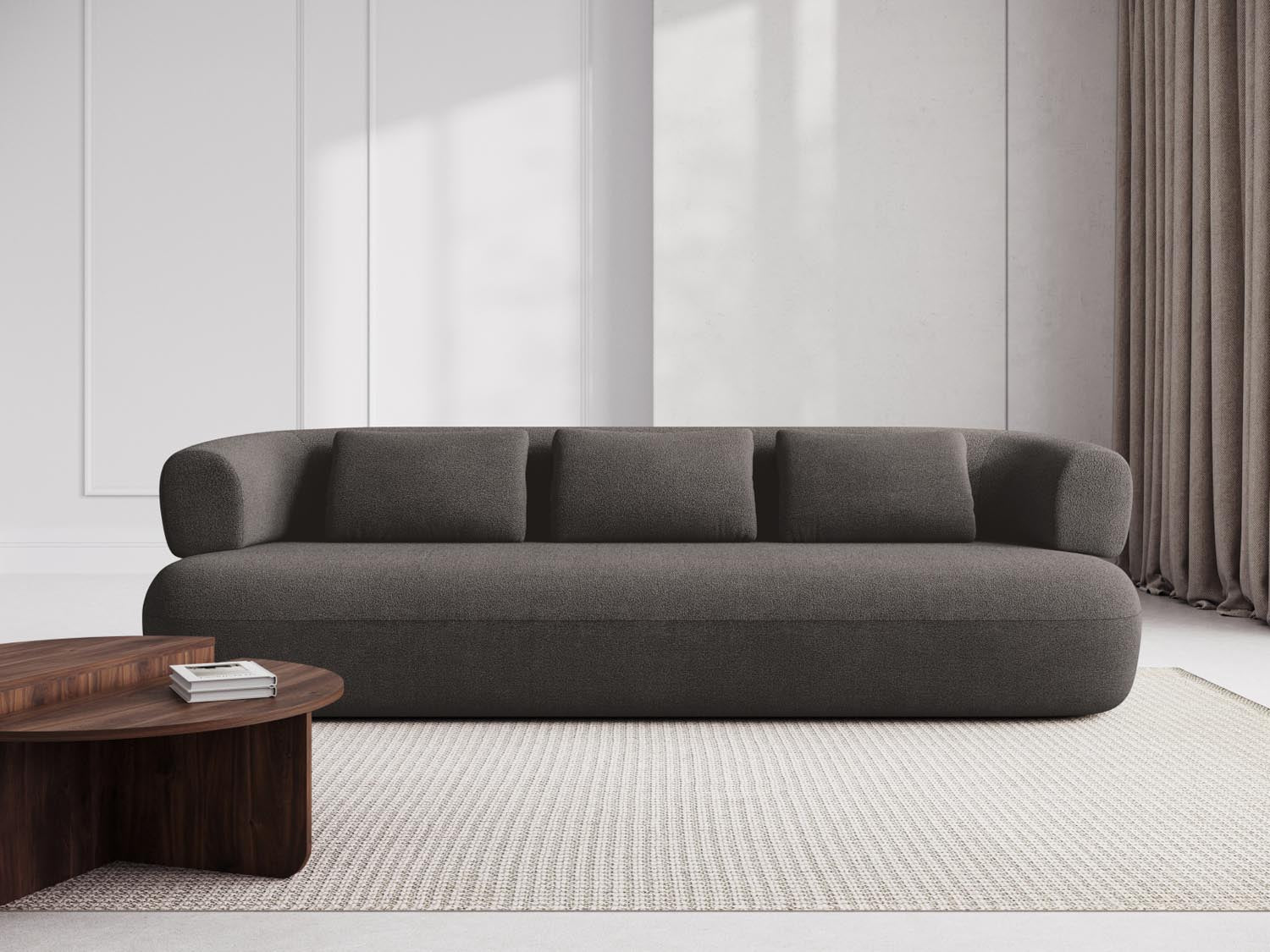 Elegantes Jenny Boucle Sofa für 4 Personen in stilvollem Grau, ideal für moderne Wohnräume und gemütliche Abende.