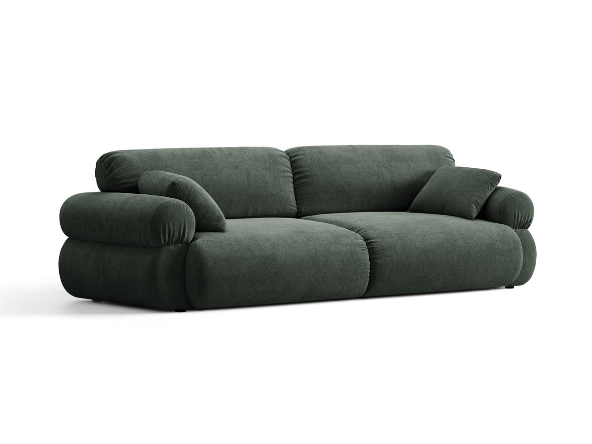 Beiges 4er Sofa Ophelia von Micadoni mit Liberty-Stoffbezug, niedriger Rückenlehne und schwarzen Kunststoffbeinen aus Polypropylen.