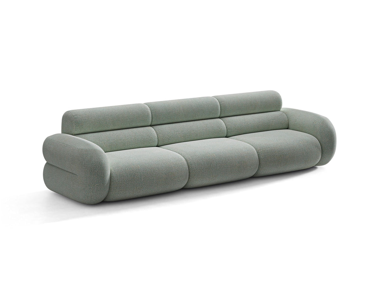 Modulares 4er Sofa Neo von Micadoni in dunklem Olivgrün mit strukturiertem Stoffbezug, hoher Rückenlehne und schwarzen Kunststoffbeinen.
