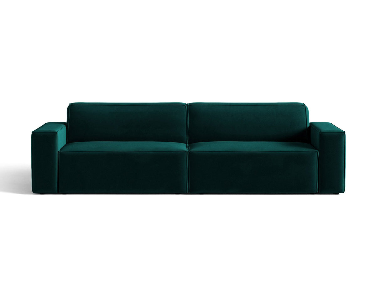 Modulares 4er Sofa Jodie von Micadoni in leichtem Beige mit Venus Samtstoff, schwarzen Kunststoffbeinen und niedriger Rückenlehne.