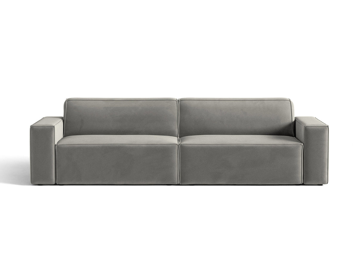 Modulares 4er Sofa Jodie von Micadoni in leichtem Beige mit Venus Samtstoff, schwarzen Kunststoffbeinen und niedriger Rückenlehne.