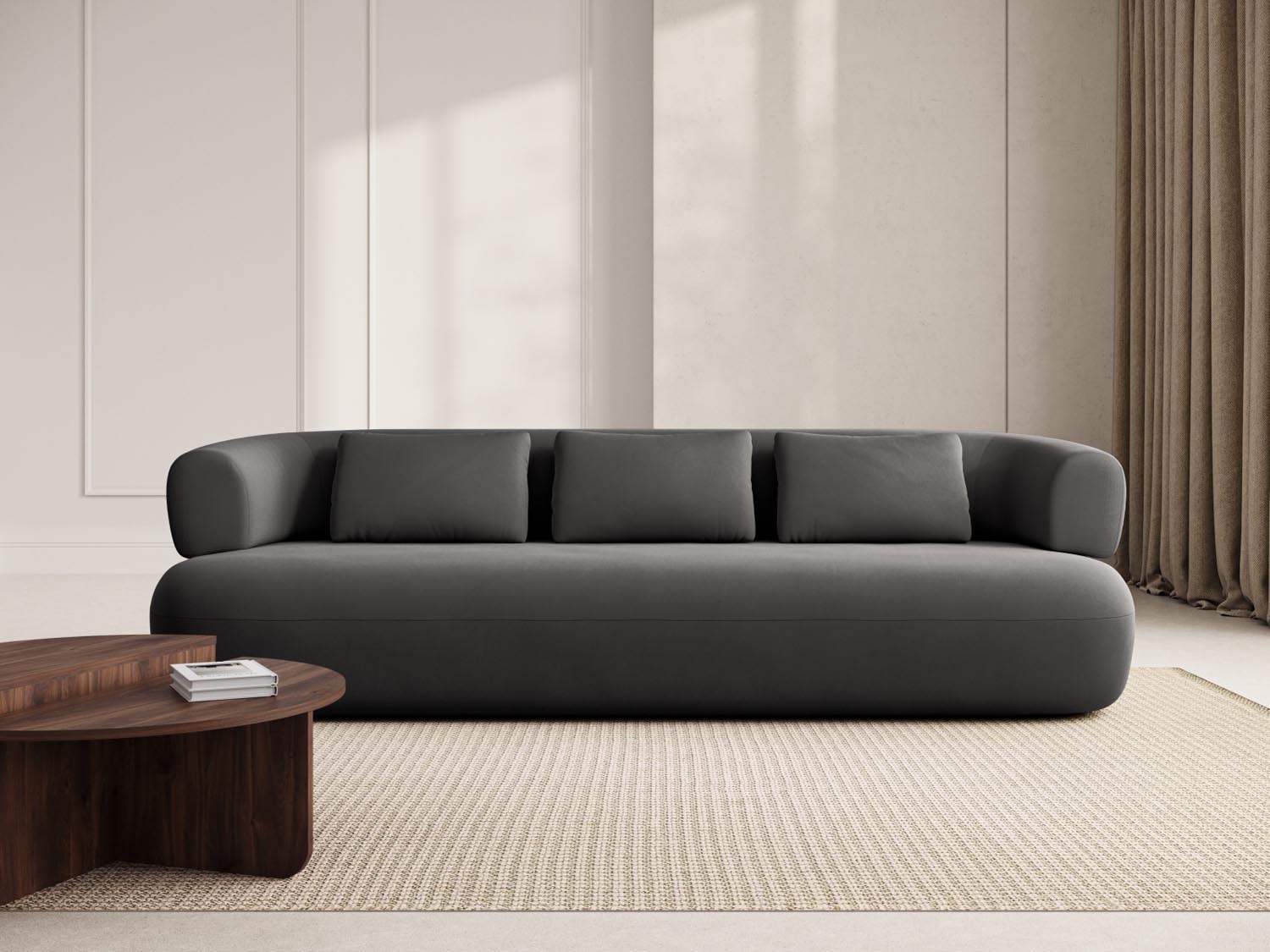 Elegantes Jenny Velour Sofa in Dunkelgrau, ideal für stilvolle Wohnräume. Komfortables 4-Sitzer-Design von Micadoni.