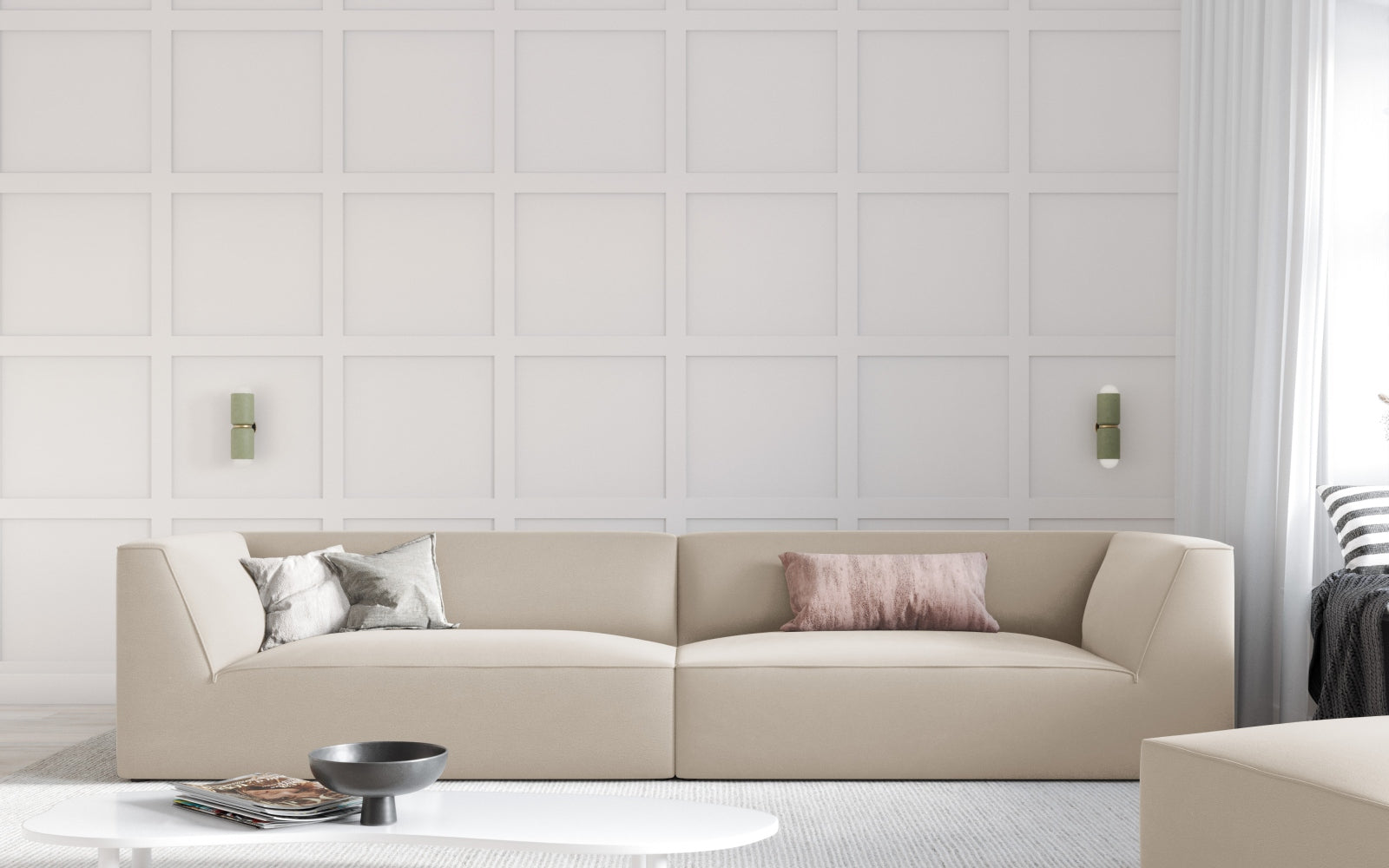 Elegantes Ruby Velour Sofa in stilvollem Beige, ideal für moderne Wohnräume. Komfortables 4-Sitzer-Design von Micadoni.