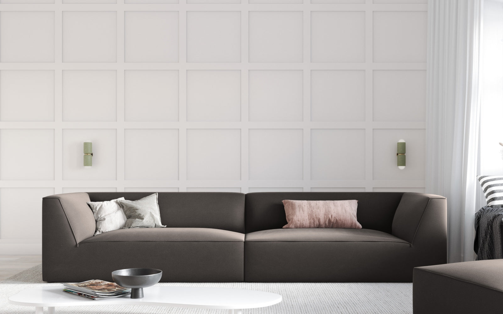 Elegantes Ruby Velour Sofa in Dunkelgrau, 4-Sitzer von Micadoni, stilvoll inszeniert in modernem Wohnambiente.