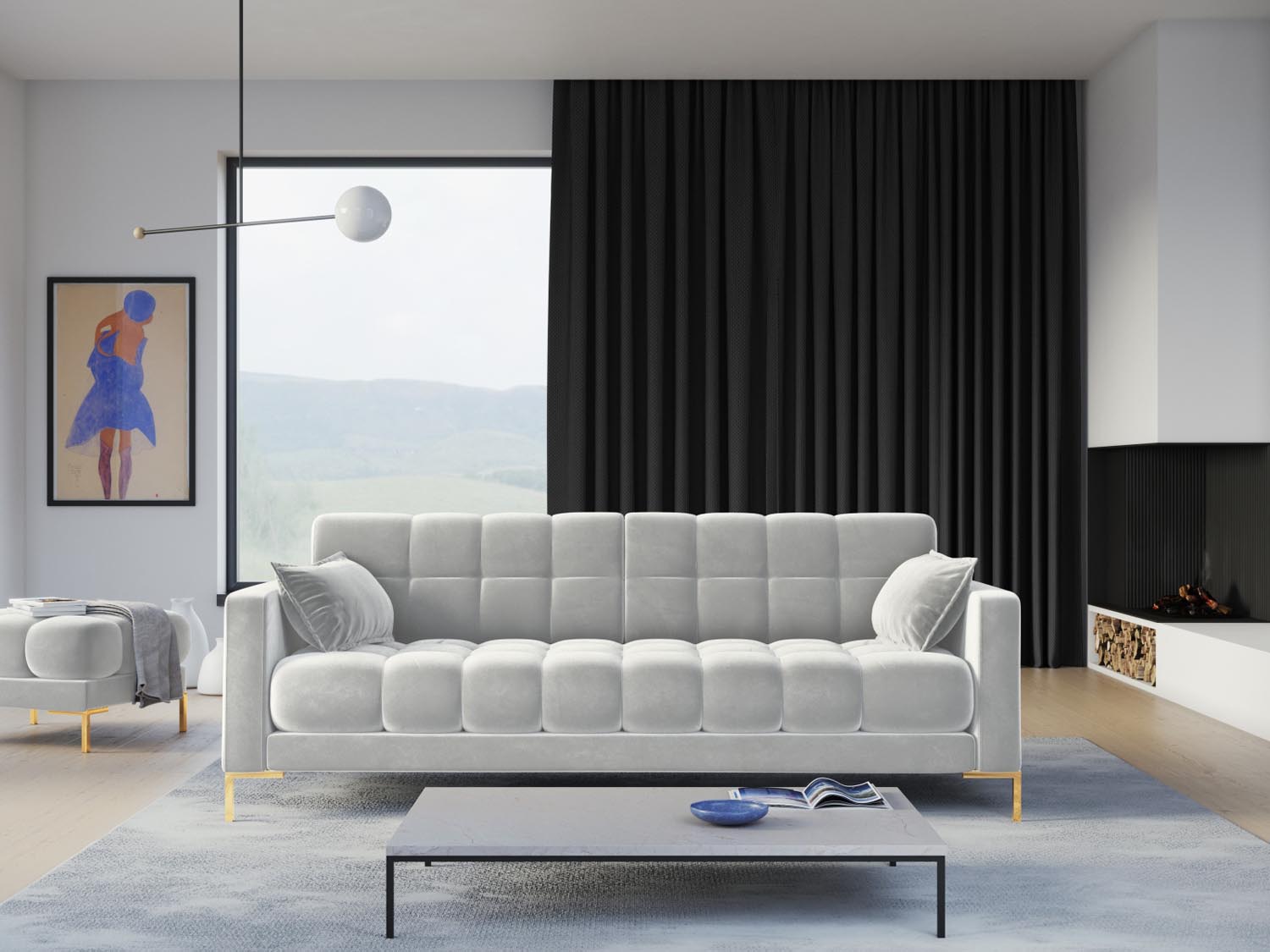 Entdecken Sie das stilvolle Mamaia Velour Sofa 4 Sitzer von Micadoni – ideal für Ihr Wohnzimmer, bequem und elegant in jedem Raum.