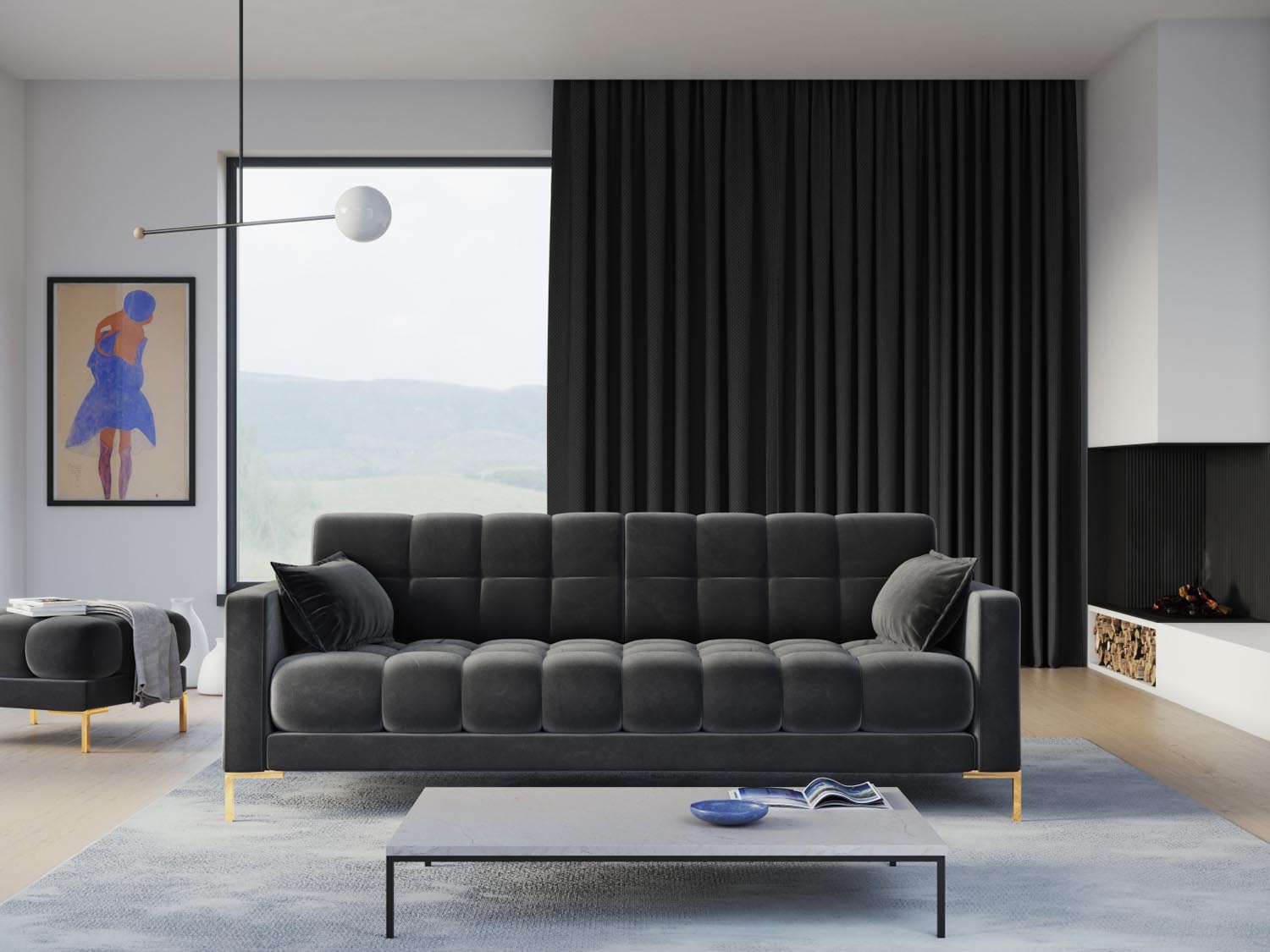 Entdecken Sie das stilvolle Mamaia Velour Sofa 4 Sitzer von Micadoni – ideal für Ihr Wohnzimmer, bequem und elegant in jedem Raum.