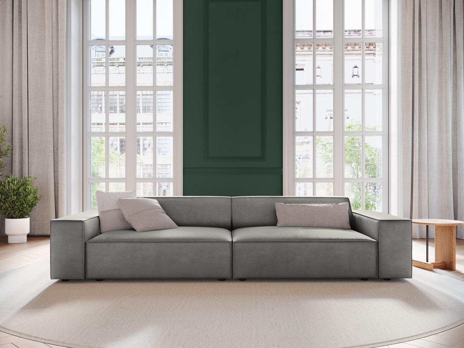 Elegantes Jodie Velour modulares 4-Sitzer Sofa in sanftem Grau, ideal für stilvolle Wohnräume und gemütliche Abende.