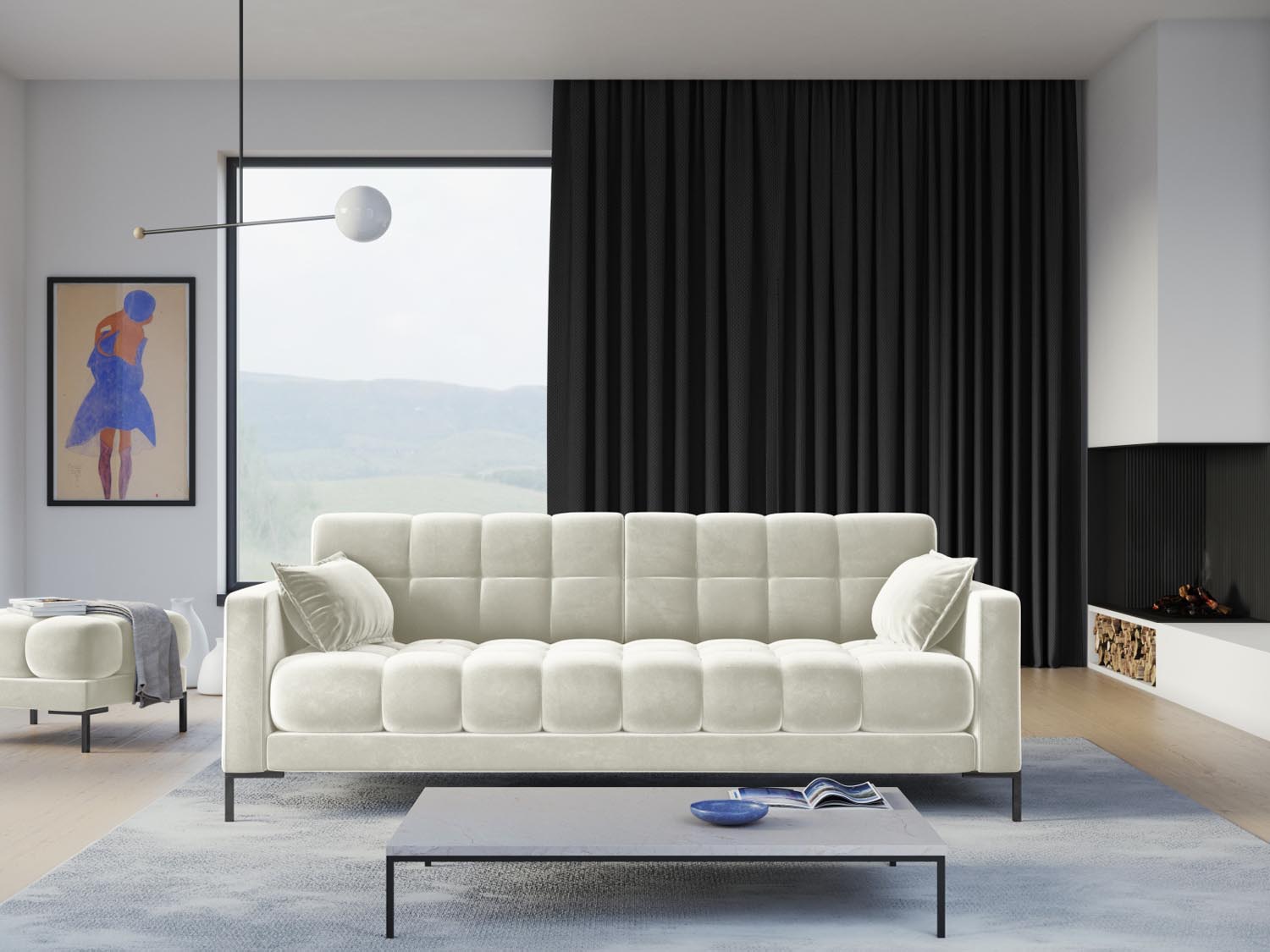 Elegantes Mamaia Velour Sofa in sanften Beige- und Schwarz-Tönen, ideal für stilvolle Wohnräume und gemütliche Abende.