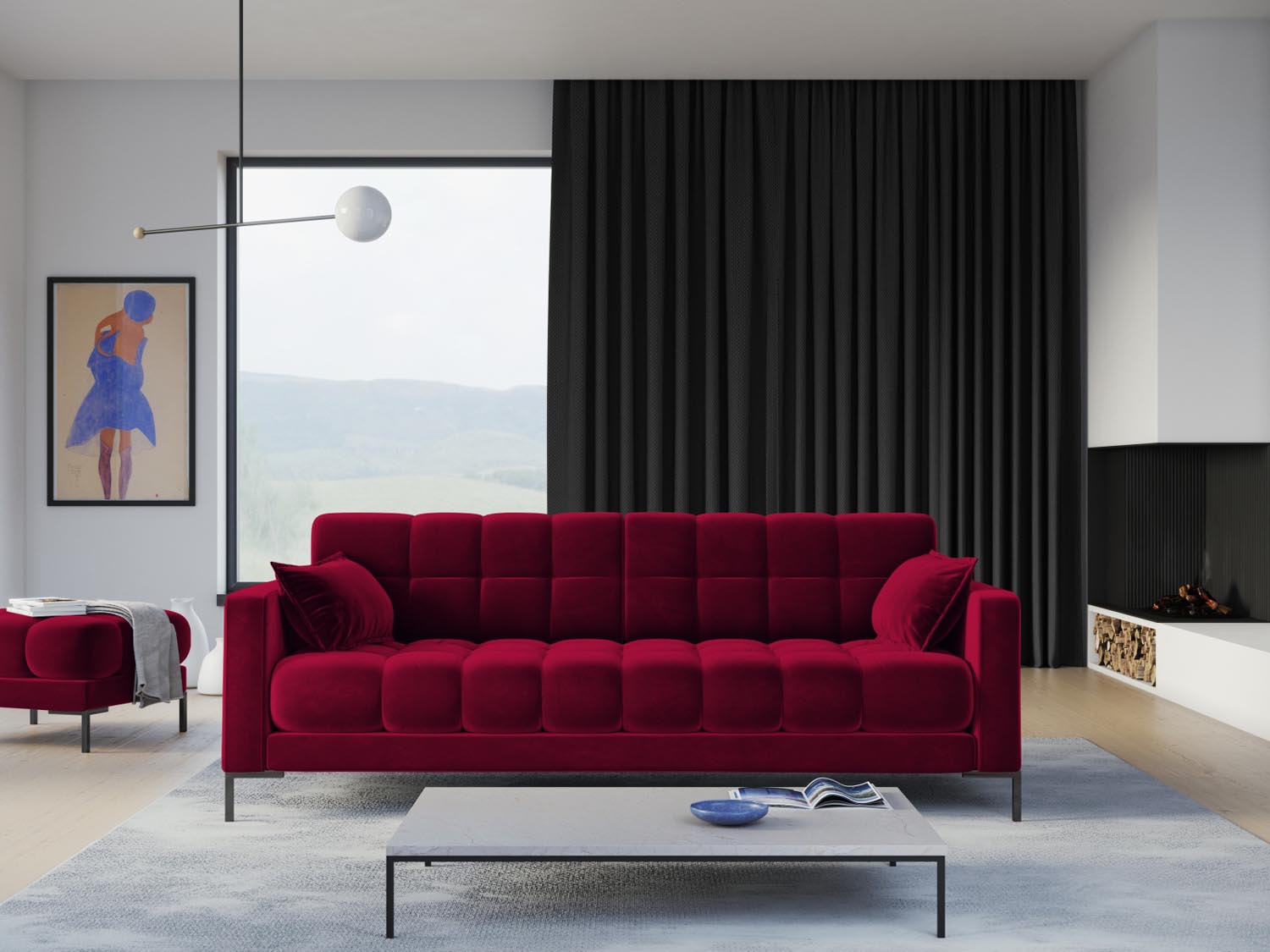 Elegantes Mamaia Velour Sofa in Rot und Schwarz, ideal für stilvolle Wohnräume. Komfortables 4-Sitzer Design von Micadoni.