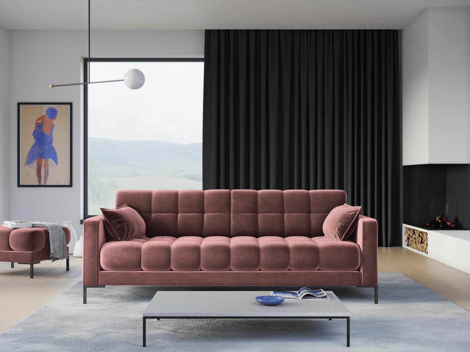 Entdecken Sie das stilvolle Mamaia Velour Sofa 4 Sitzer von Micadoni – ideal für Ihr Wohnzimmer, bequem und elegant in jedem Raum.