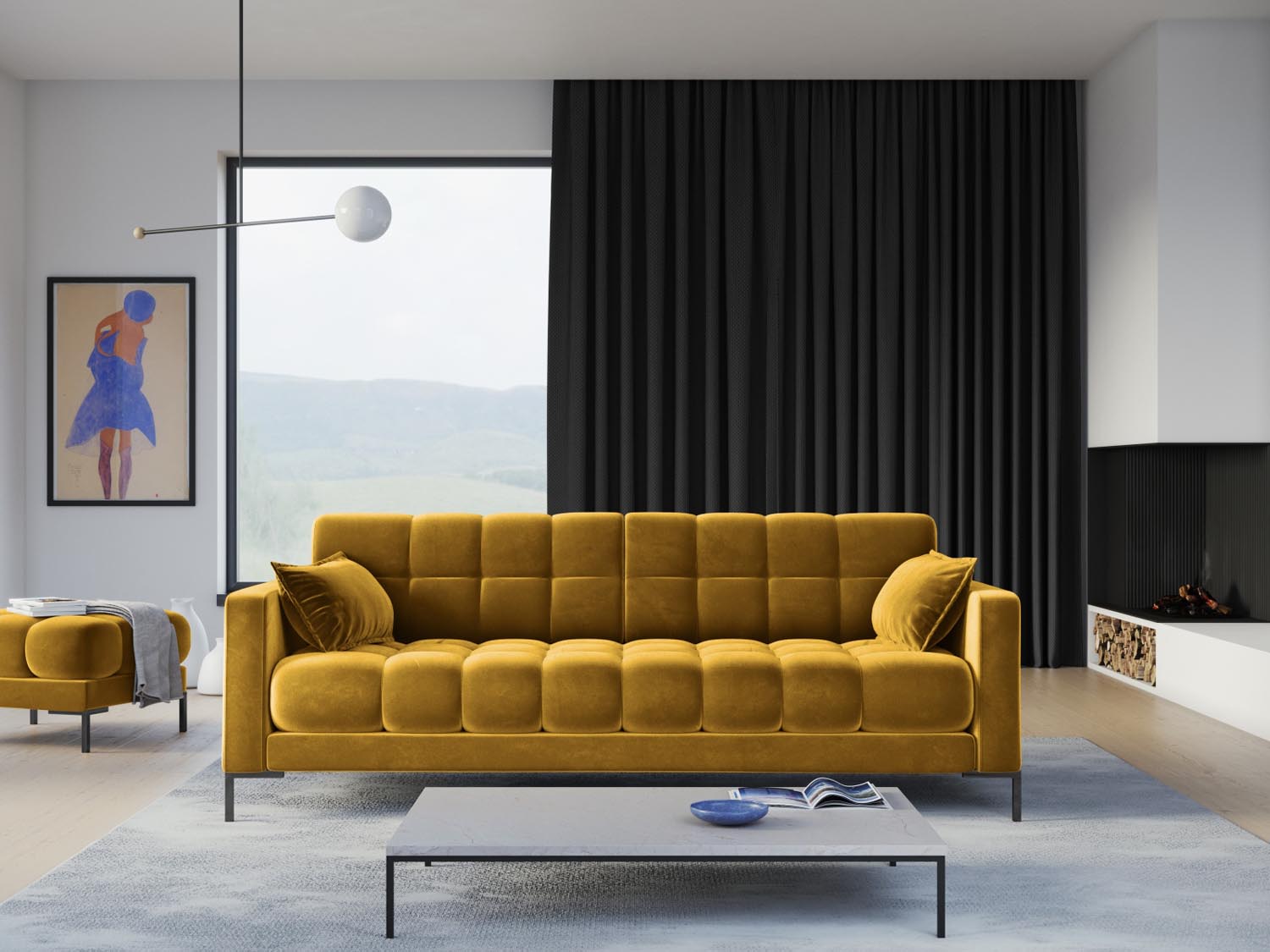 Elegantes Mamaia Velour Sofa in Gelb und Schwarz, ideal für stilvolle Wohnräume. Komfortabel und modern, perfekt für gesellige Abende.