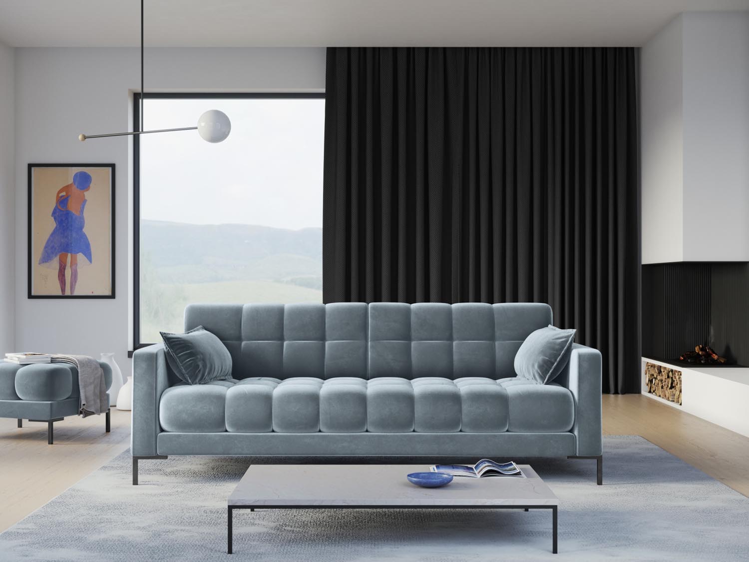 Elegantes Mamaia Velour Sofa in sanftem Hellblau und Schwarz, ideal für stilvolle Wohnräume. Komfort und Design vereint.