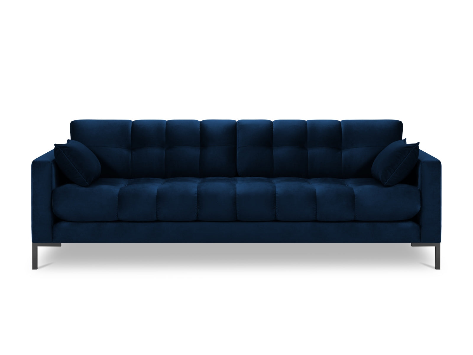 Stilvolles 4-Sitzer Sofa Mamaia aus Velours in Royalblau und Schwarz-Bluvel, perfekt für moderne Wohnkonzepte und gemütliche Abende.