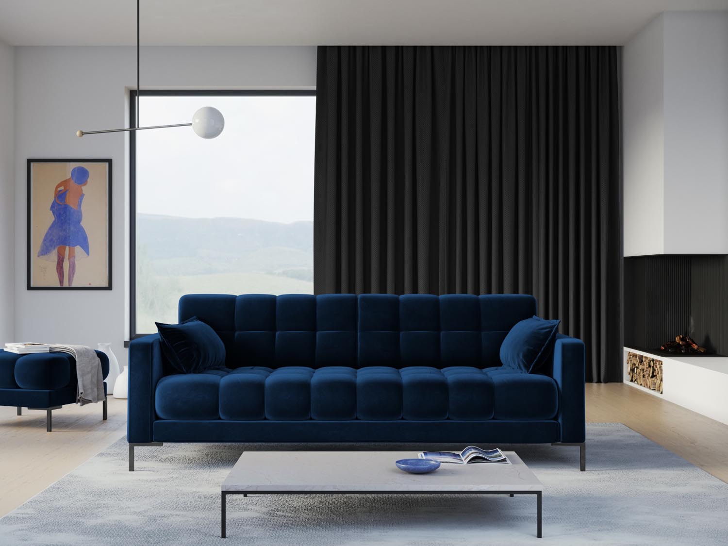 Elegantes Mamaia Velour Sofa in Royal Blue und Schwarz-Bluvel, ideal für stilvolle Wohnräume. Komfort und Design vereint.