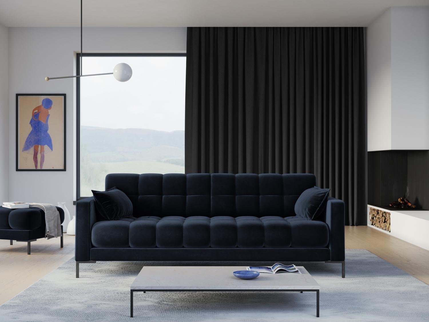 Elegantes Mamaia Velour Sofa in Dunkelblau, ideal für stilvolle Wohnräume. Komfortables 4-Sitzer-Design von Micadoni.