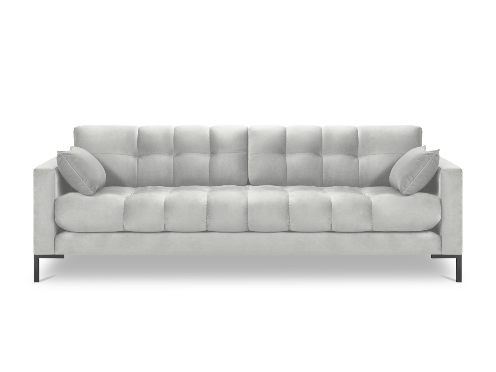 Stilvolles 4-Sitzer Mamaia Velour Sofa in edlem Silber und Schwarz-Bluvel, ideal für gemütliche Abende und modernes Wohndesign.