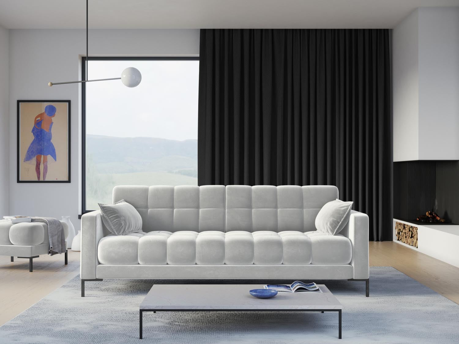 Elegantes Mamaia Velour Sofa in Silber und Schwarz-Bluvel, ideal für stilvolle Wohnräume. Komfortabel und modern, perfekt für gesellige Abende.