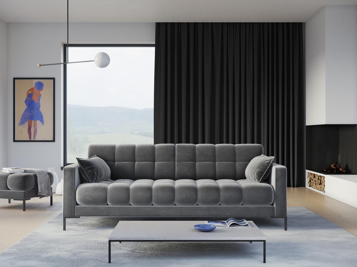 Elegantes Mamaia Velour Sofa in sanftem Grau und Schwarz-Bluvel, ideal für stilvolle Wohnräume und gemütliche Abende.
