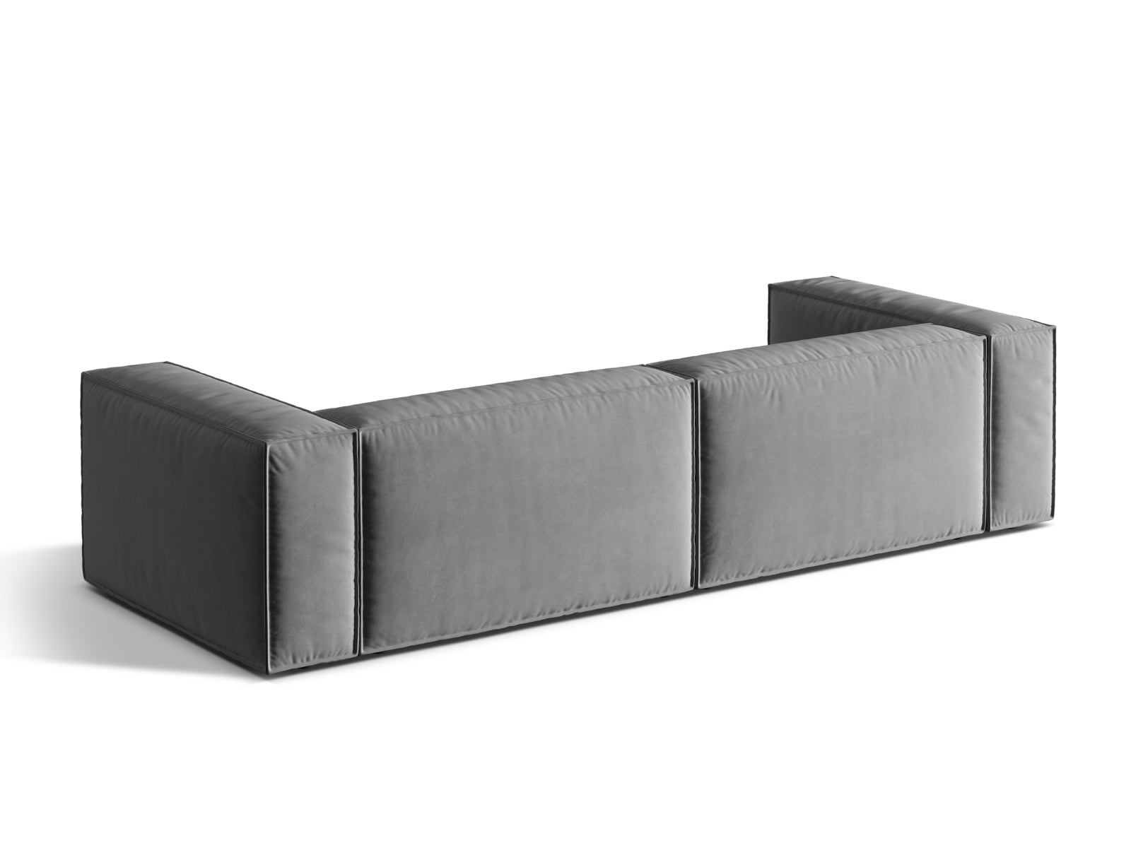 Luxuriöses 5-Sitzer Velour Sofa Nuria in edlem Grau, perfekt für stilvolle Wohnzimmer und entspannte Zusammenkünfte.