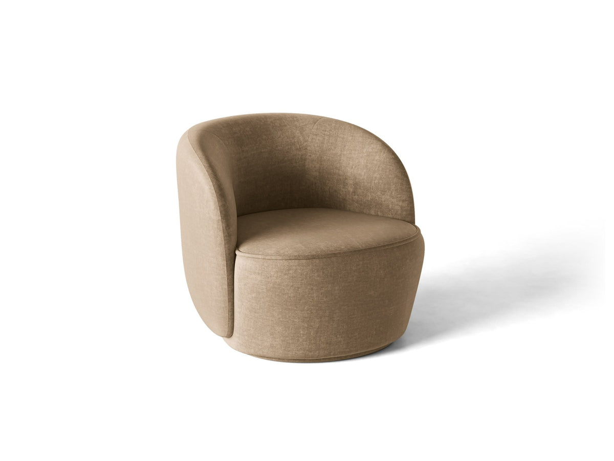 Drehbarer Sessel Jonas von Micadoni in leichtem Beige mit Veloursbezug, gepolsterten Kunststoff-Beinen und runder Sitzfläche.