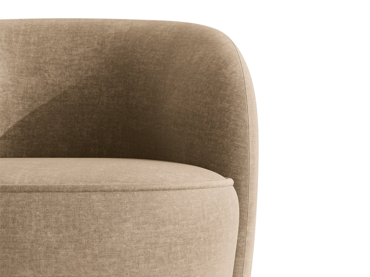 Drehbarer Sessel Jonas von Micadoni in leichtem Beige mit Veloursbezug, gepolsterten Kunststoff-Beinen und runder Sitzfläche.