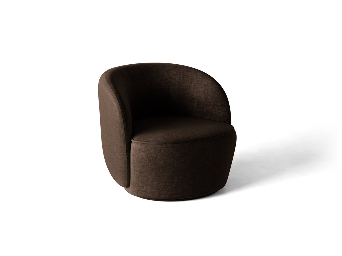 Drehbarer Sessel Jonas von Micadoni in leichtem Beige mit Veloursbezug, gepolsterten Kunststoff-Beinen und runder Sitzfläche.