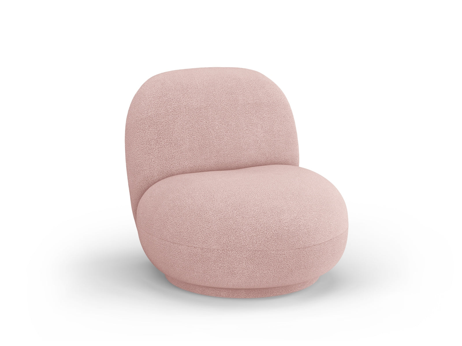 Moderner Drehsessel Chuck Swivel Boucle in zartem Powder Pink, perfekt für gemütliche Ecken und stilvolle Akzente im Wohnbereich.