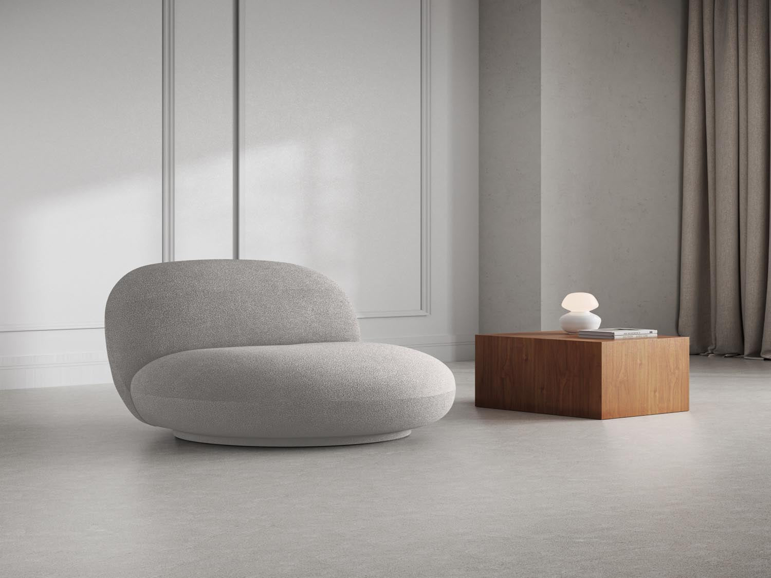 Eleganter Chuck Swivel Boucle Armchair in hellem Grau, stilvoll und modern, ideal für jedes Wohnzimmer oder Büro. Bequem und drehbar.