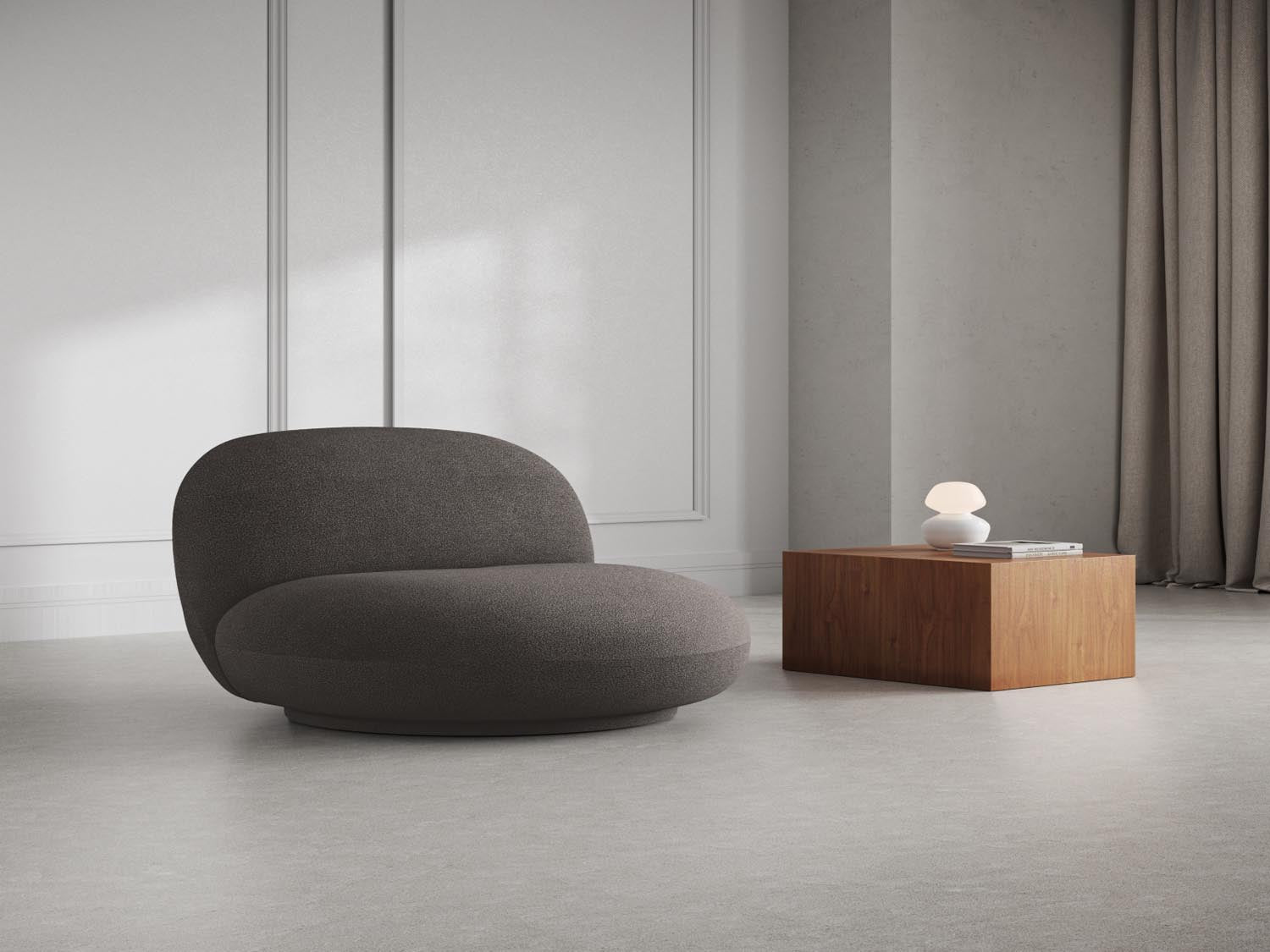 Eleganter Chuck Swivel Boucle Armchair in stilvollem Grau, ideal für modernes Wohnen. Bequemer 1-Sitzer mit Drehfunktion von Micadoni.