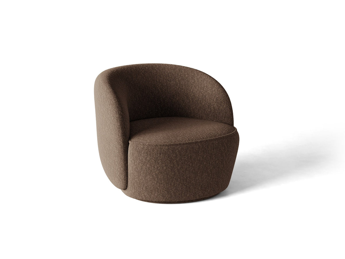 Drehbarer Sessel Jonas von Micadoni in leichtem Beige mit Veloursbezug, gepolsterten Kunststoff-Beinen und runder Sitzfläche.