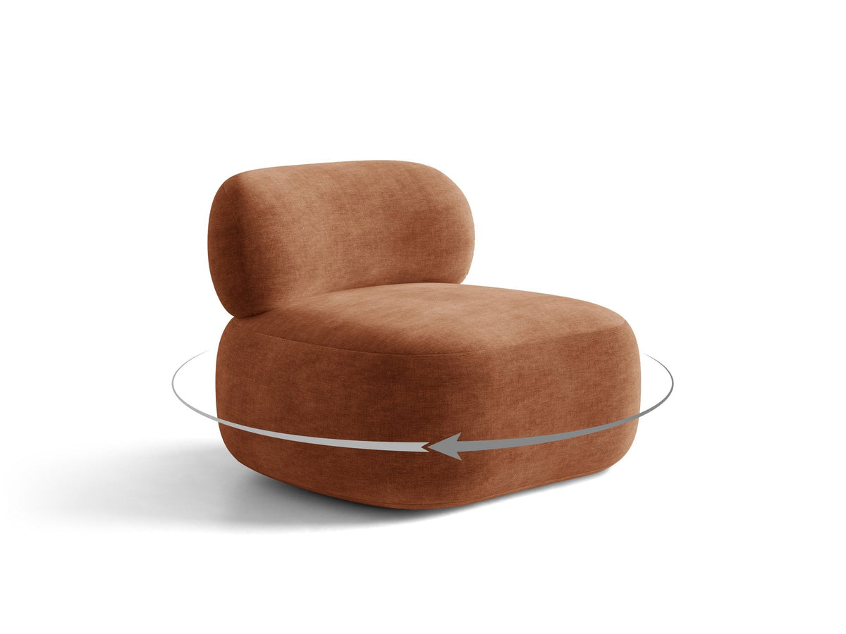 Drehbarer Sessel Aura von Micadoni mit gepolsterter Sitzfläche in Leichtes beige, Chenille-Stoff und schwarzem Stahlgestell auf Drehteller.