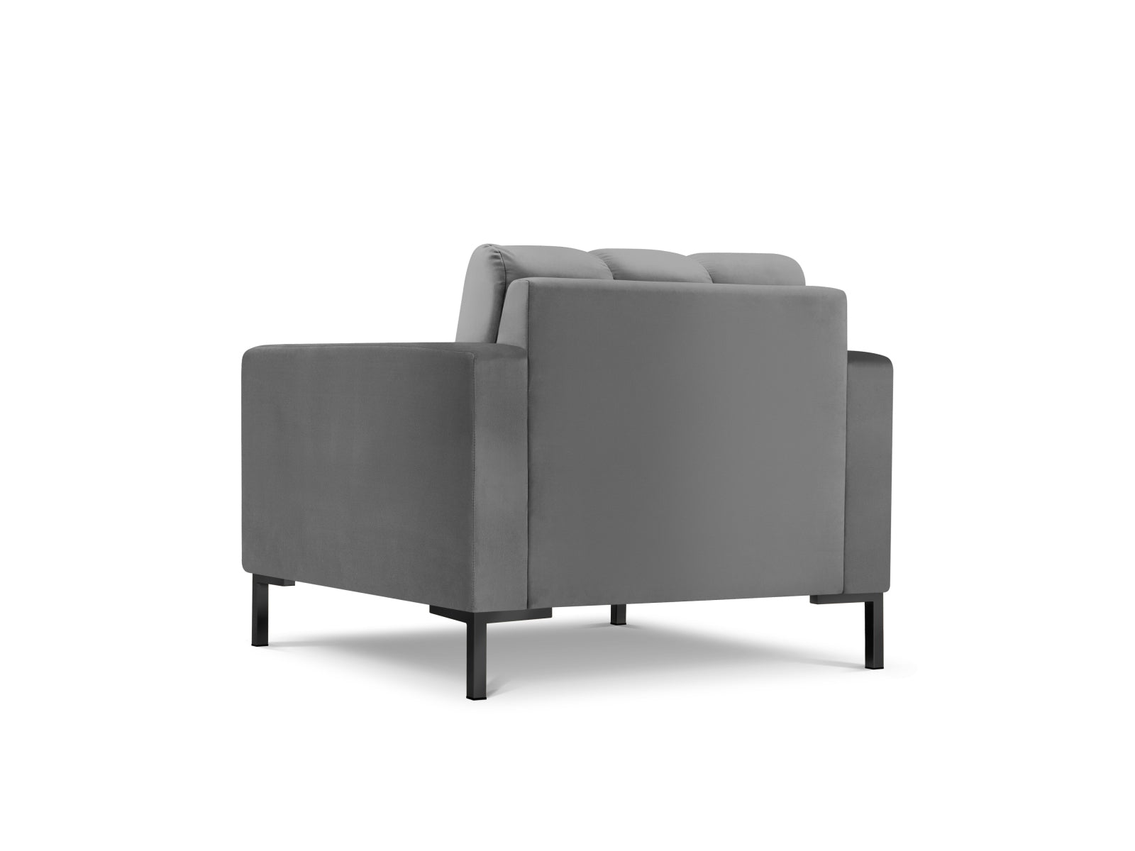 Eleganter Mamaia Velour Sessel in sanftem Hellgrau mit stilvollen schwarzen Akzenten, ideal für moderne Wohnumgebungen.
