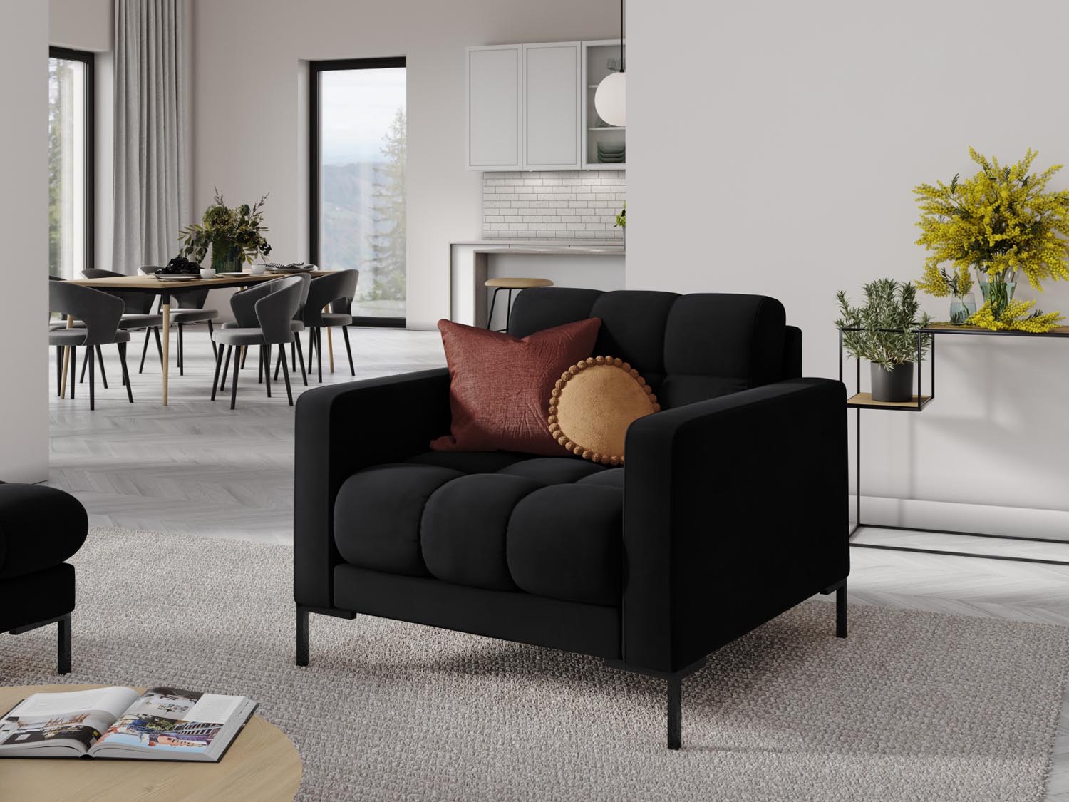 Eleganter Mamaia Velour Sessel in Schwarz, ideal für stilvolle Wohnräume. Bequem und modern, perfekt für entspannte Stunden.