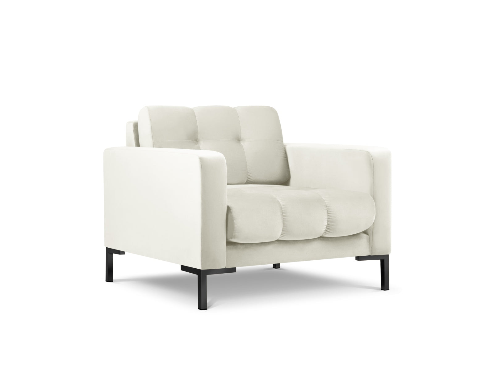 Moderner Mamaia Velour Sessel in sanften Beigetönen mit schwarzem Gestell, perfekt für stilvolle Akzente in jedem Wohnraum.