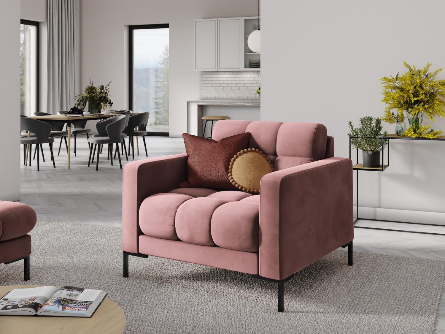 Eleganter Mamaia Velour Sessel in stilvollem Pink und Schwarz, ideal für moderne Wohnräume und gemütliche Leseecken.