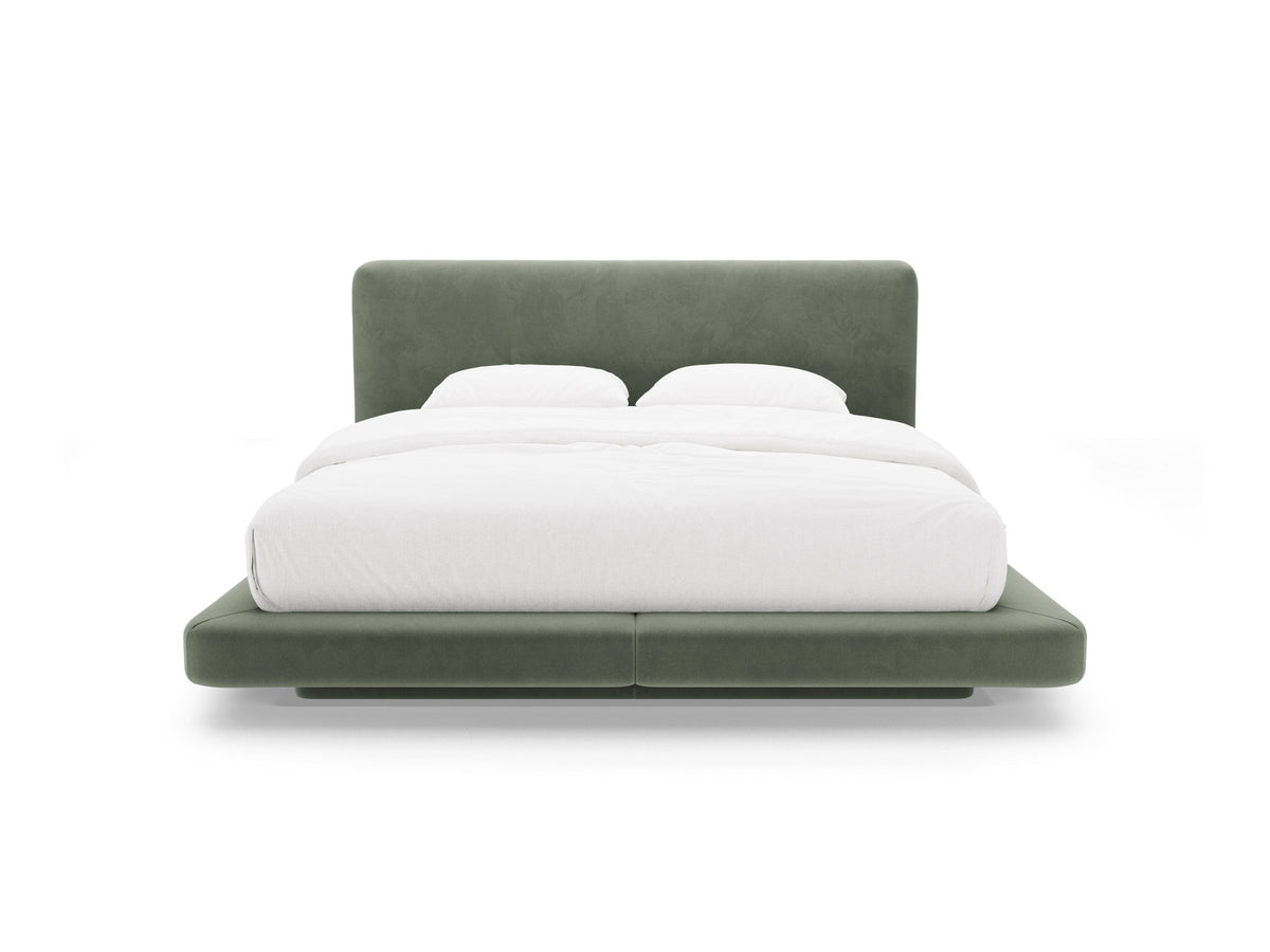 Linea Bett mit gepolstertem Kopfteil, Bezug aus Samtstoff, Gestell aus Möbelplatte mit Holzelementen, schwarze Kunststoffbeine, Ansicht von vorne.