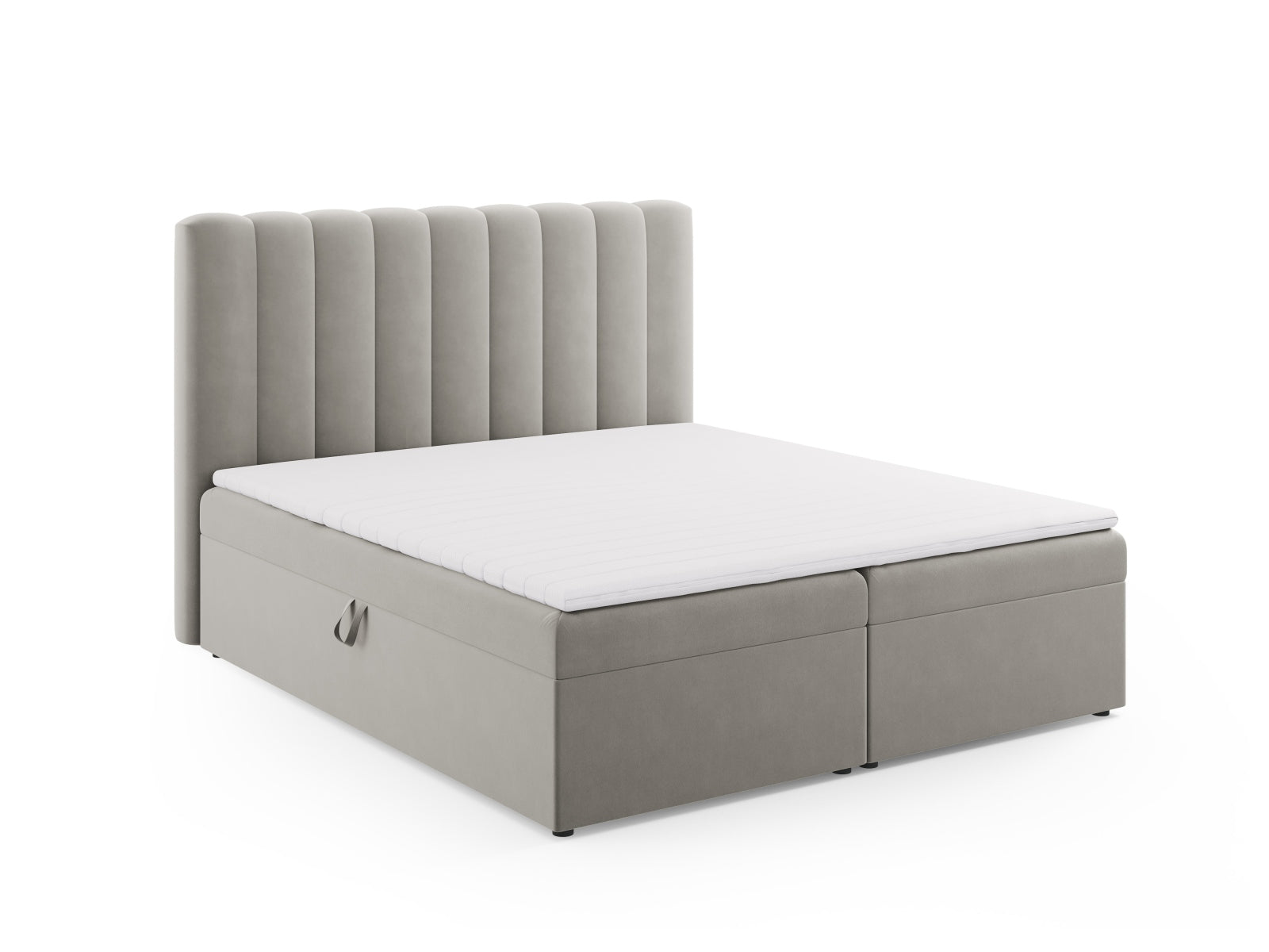 Entdecken Sie das Kelp Boxspring Bett Set von Micadoni: stilvolles Kopfteil, stabile Boxspring und hochwertige Matratze mit Topper für erholsamen Schlaf.