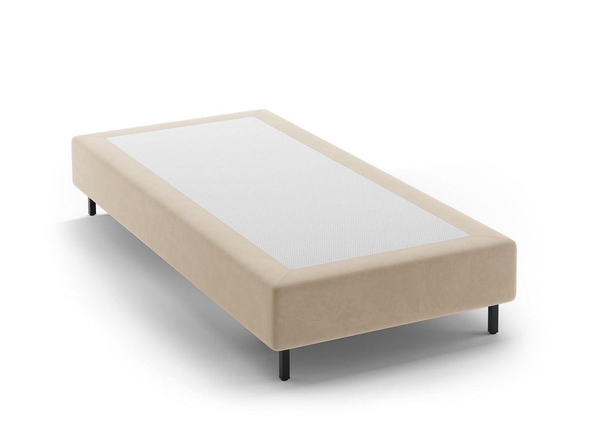 Bettgestell Whale von Micadoni in Leichtes Beige, Chenille-Bezug mit 3D-Struktur, schwarze Metallbeine, ohne Kopfteil, minimalistische Form