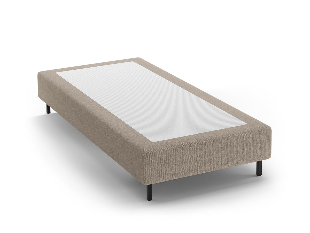 Bettgestell Whale von Micadoni ohne Kopfteil, Bezug aus Chenille-Stoff Eden in leichtem Beige, schwarze Metallbeine, minimalistische Form