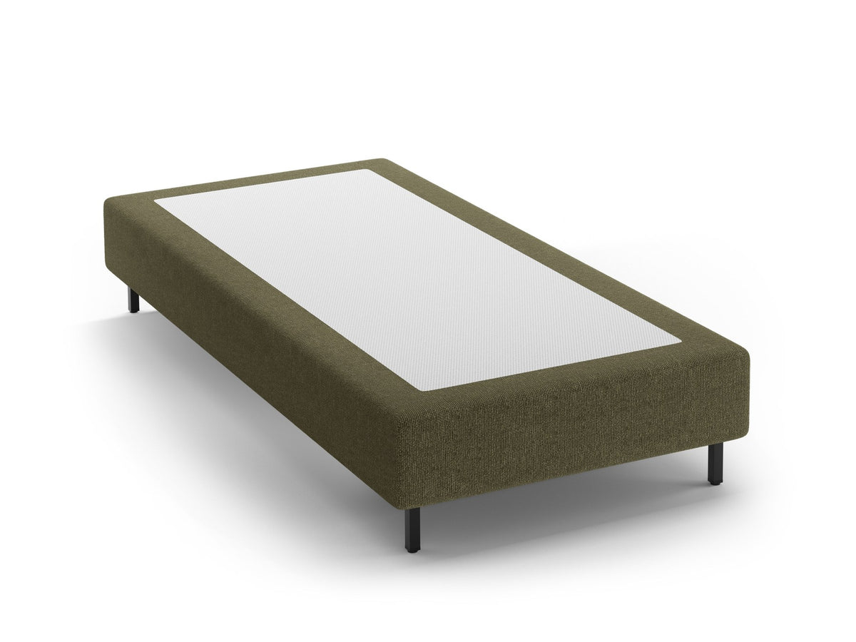Bettgestell Whale von Micadoni ohne Kopfteil, Bezug aus Chenille-Stoff Eden in leichtem Beige, schwarze Metallbeine, minimalistische Form