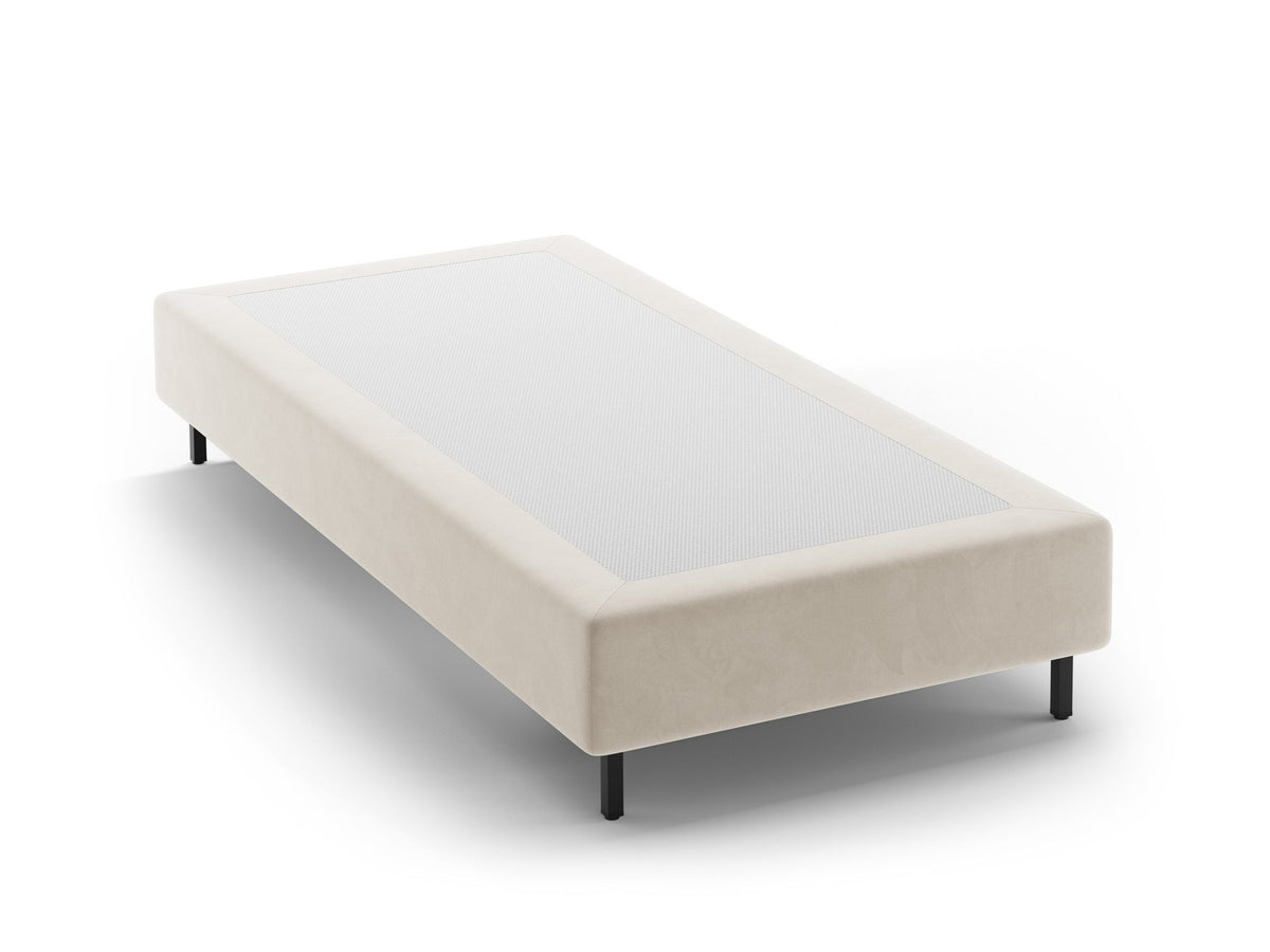 Bettgestell Whale von Micadoni ohne Kopfteil, Bezug aus Chenille-Stoff Eden in leichtem Beige, schwarze Metallbeine, minimalistische Form