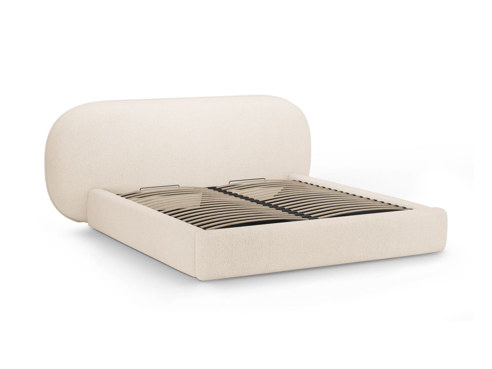 Elegantes Ovalo Bett in Beige mit praktischem Stauraum und Kopfteil, 140 cm breit, perfekt für stilvolle Schlafzimmerlösungen.
