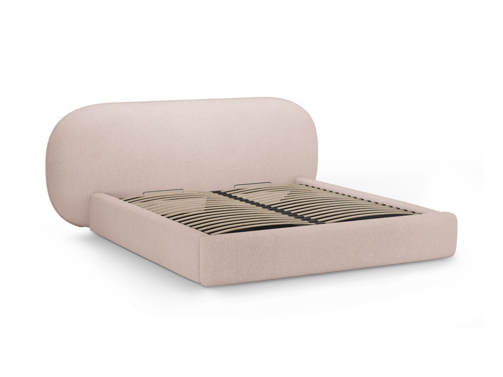 Modernes Ovalo Bett mit integriertem Stauraum und geschmackvollem Kopfteil in zartem Powder Pink, perfekt für stilvolle Schlafzimmer.