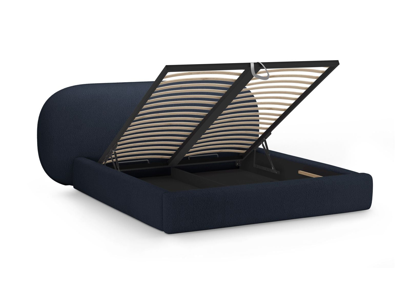 Elegantes Ovalo Bett in Dunkelblau, 140 cm breit, bietet cleveren Stauraum und ein ansprechendes Kopfteil für ein modernes Schlafzimmer.