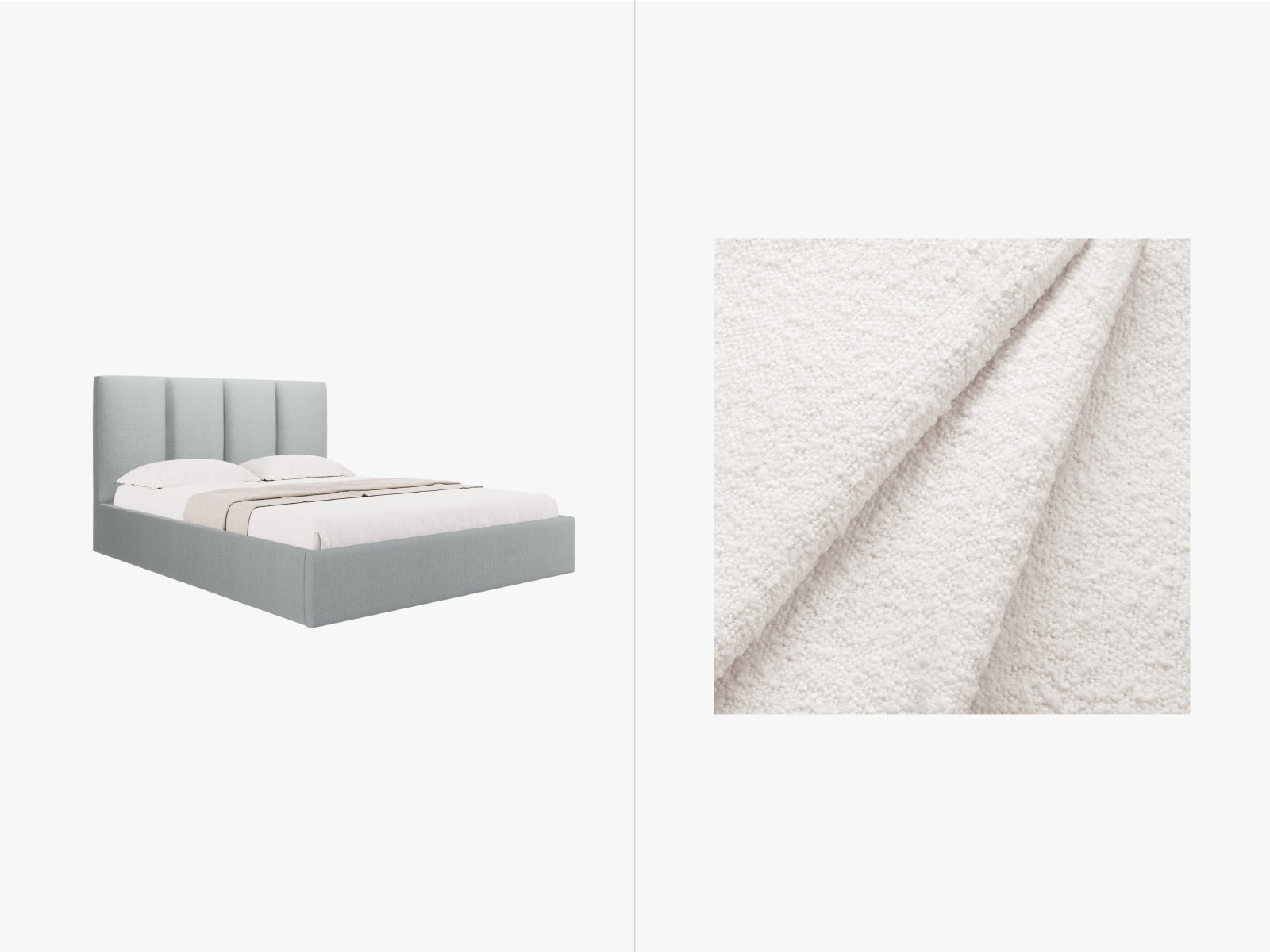 Entdecken Sie das stilvolle Phaedra Boucle Bett von Micadoni – elegantes Design, praktischer Stauraum und ein gemütliches Headboard für Ihr Schlafzimmer.