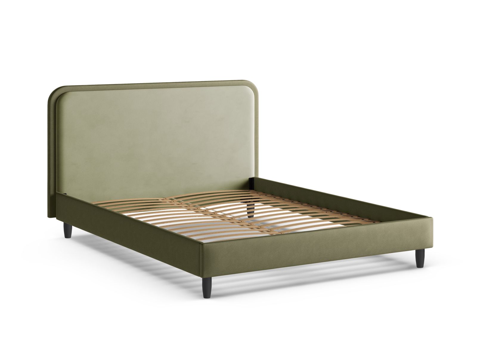 Elegantes Aveline Bett in 140 cm Breite mit luxuriösem Kopfteil aus Moss Green Magic Velvet, perfekt für zeitgemäße Schlafzimmergestaltung.
