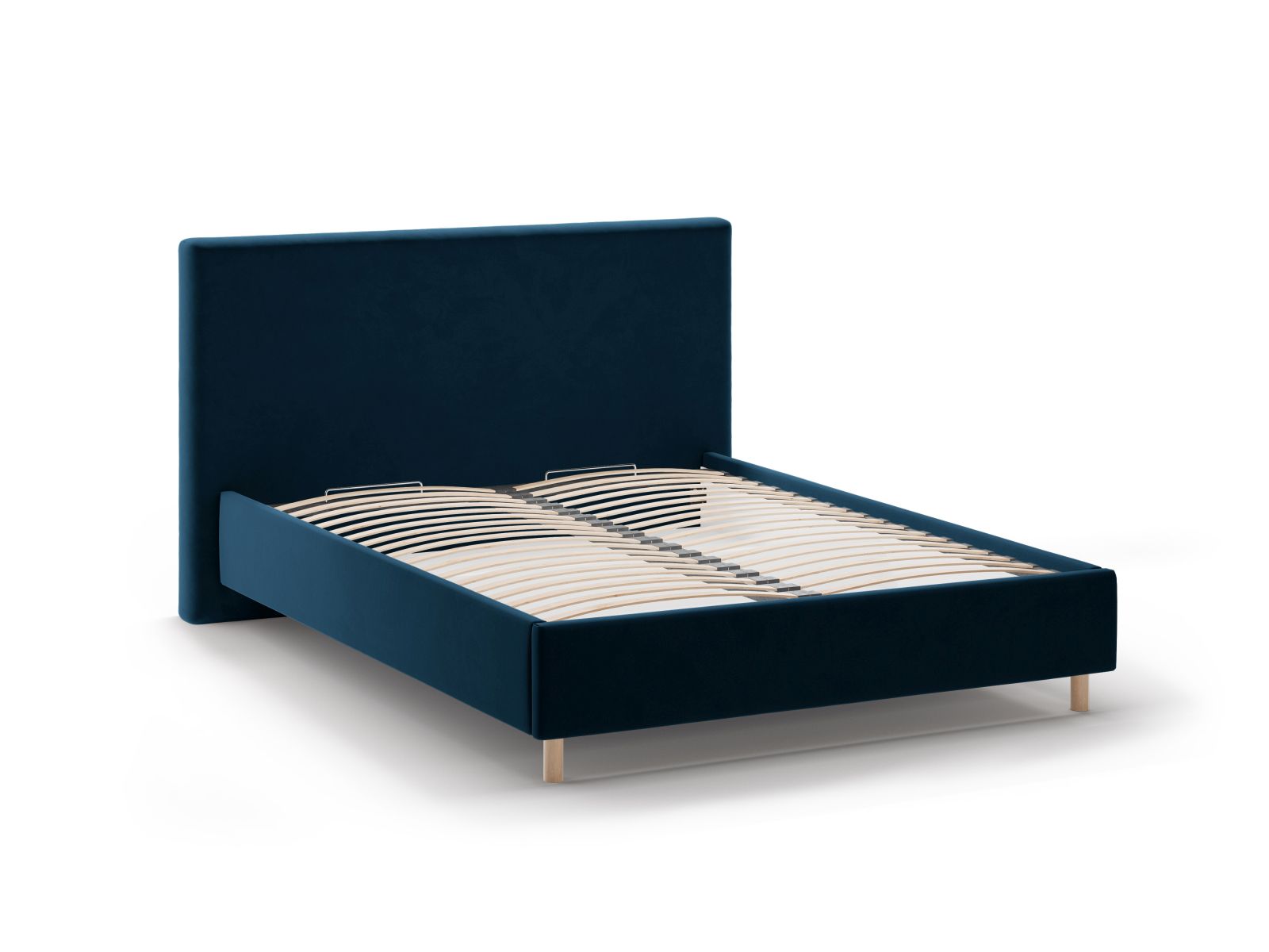 Elegantes Eloise Bett in Navy Blue mit Kopfteil und integriertem Stauraum, ideal für moderne Schlafzimmer und stilvolle Einrichtung.