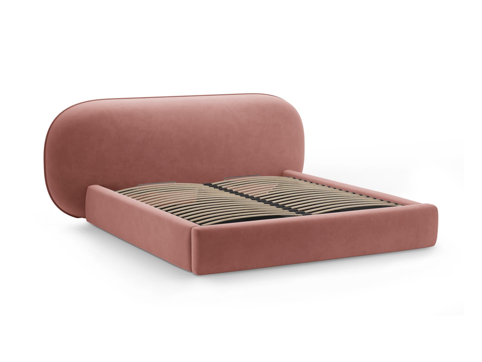 Stylisches Ovalo Bett in Pink-Magic Velvet, ausgestattet mit praktischem Stauraum und einem ansprechenden Kopfteil für ein modernes Ambiente.
